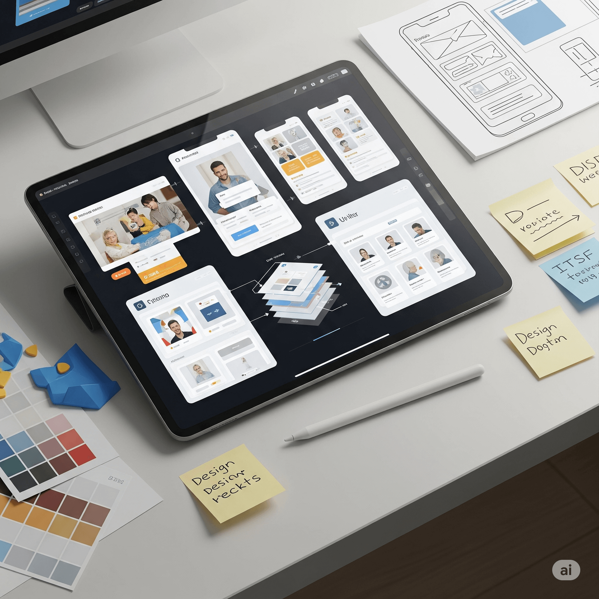 Designer sketching UI/UX wireframes on a tablet