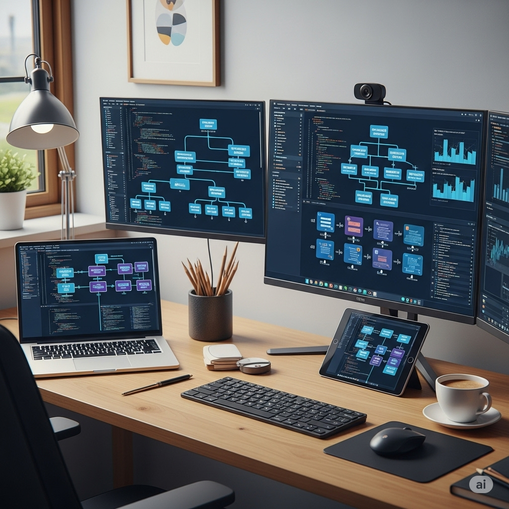 Developers coding on multiple screens in a modern office