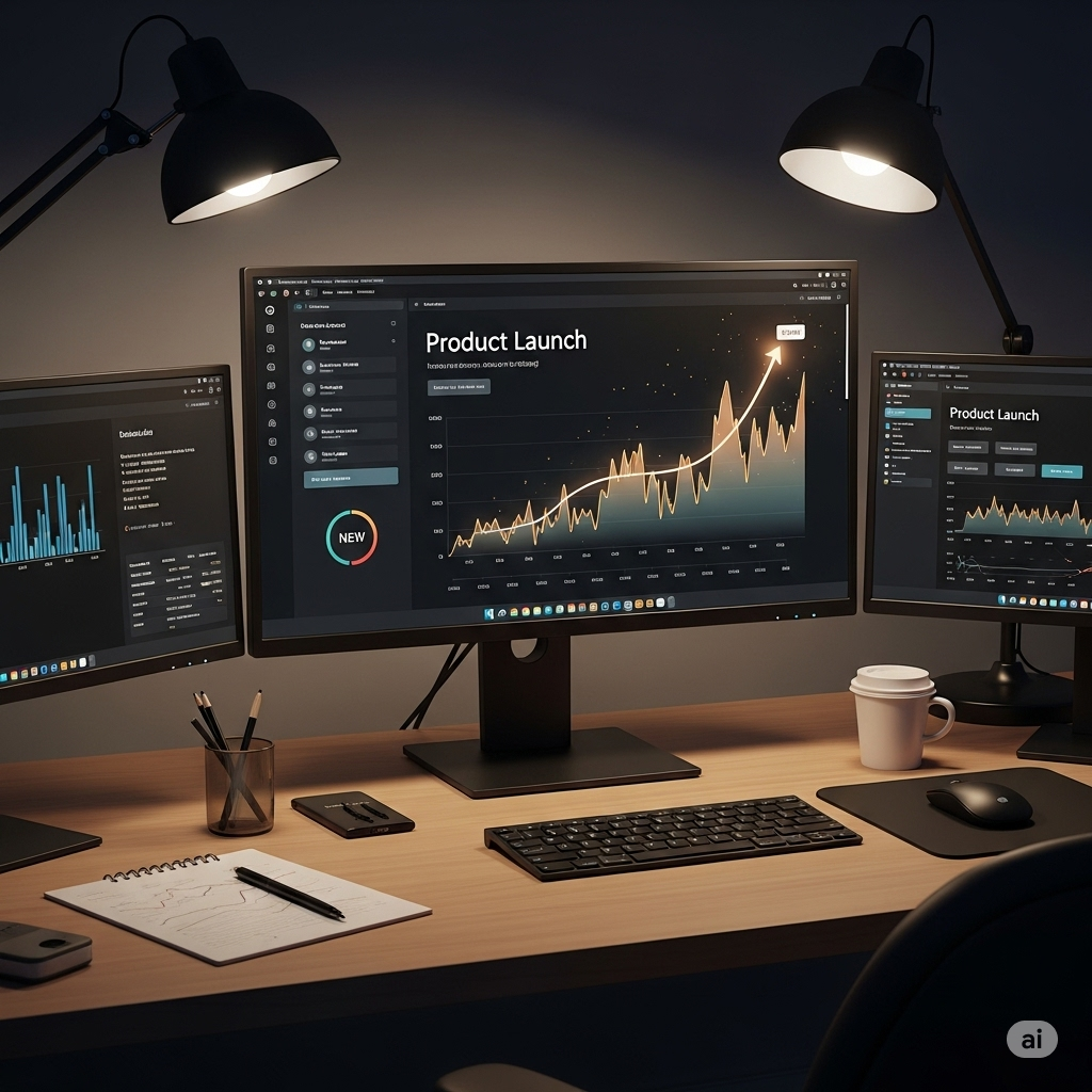 Data analyst reviewing performance metrics on a dashboard after product launch